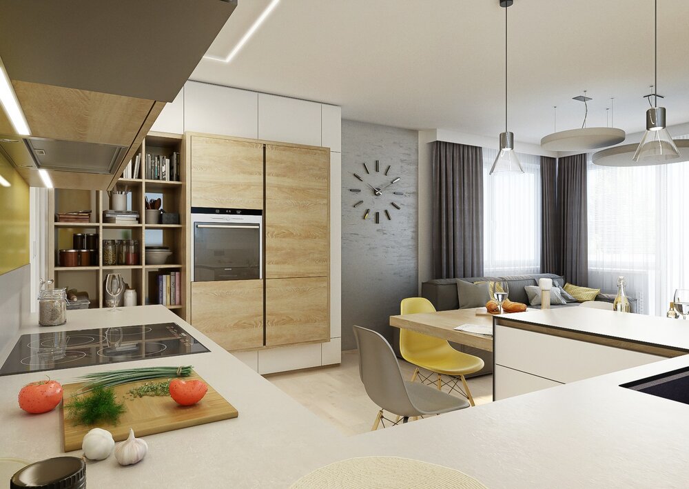 Light living room with and yellow elements AŤÁK DESIGN