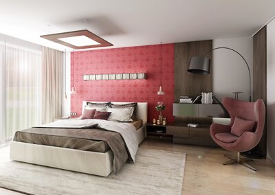 Bedroom with red wallpaper | A????K DESIGN