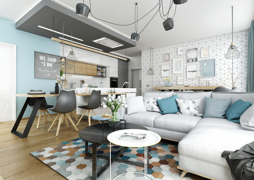 Living room design with a combination of blue color | AŤÁK DESIGN