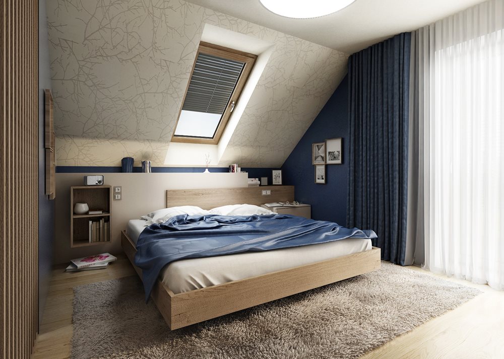 Attic bedroom interior combined with blue | A????K DESIGN