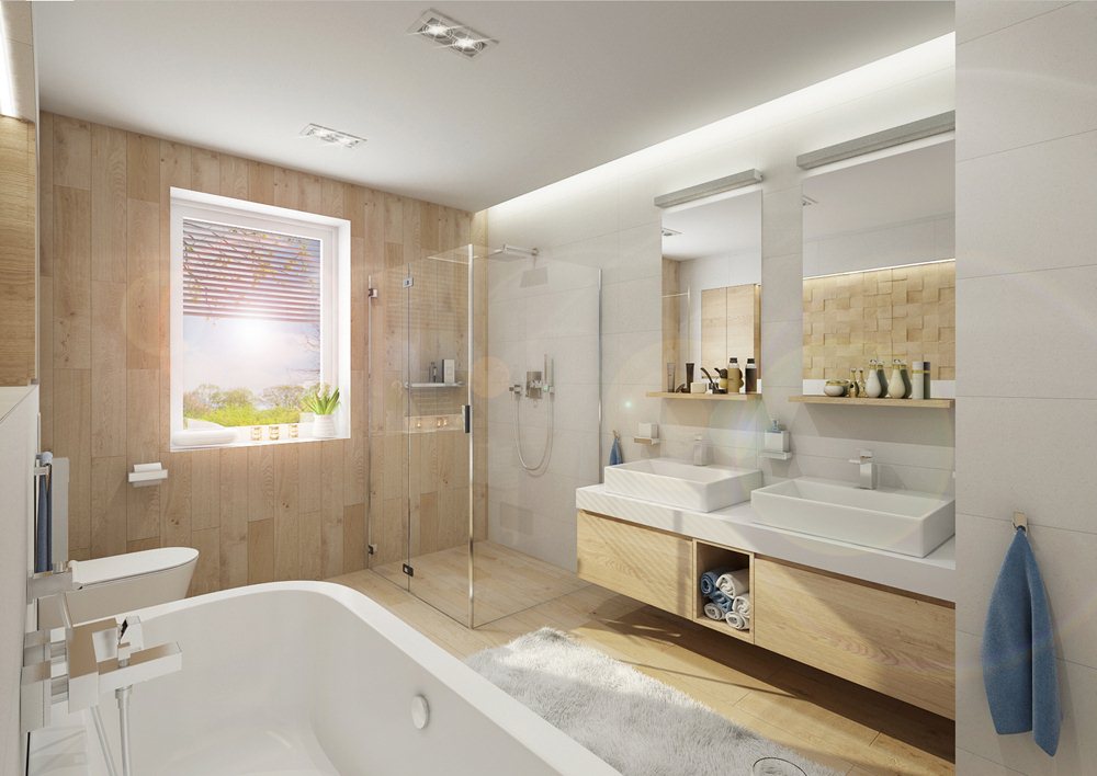 Modern bathroom with honey oak decor | AŤÁK DESIGN