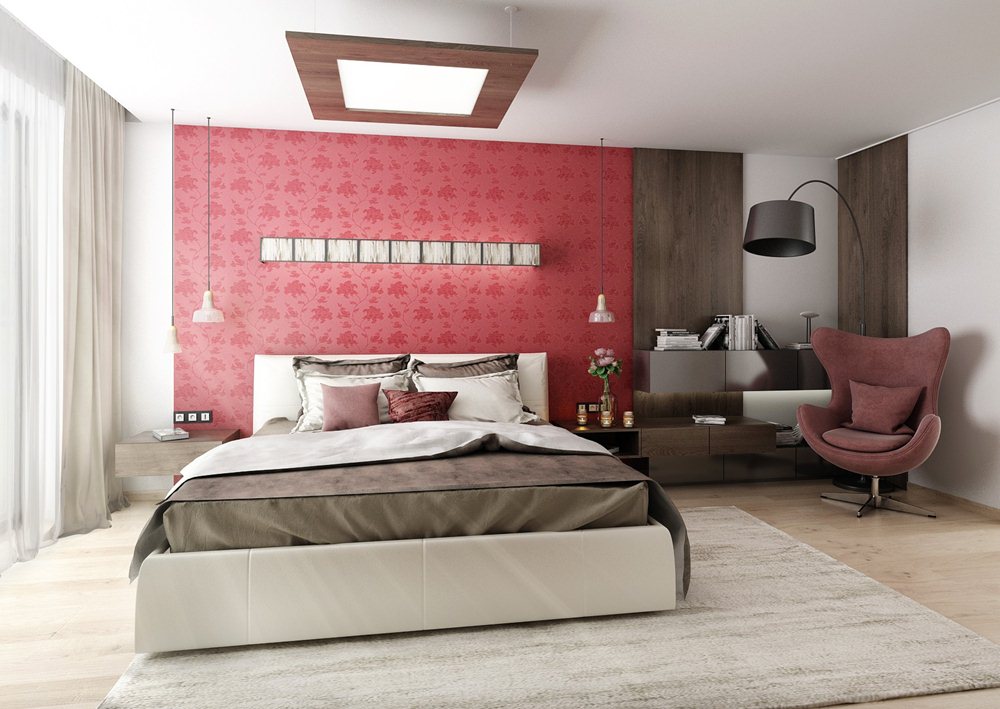 Bedroom with red wallpaper AŤÁK DESIGN