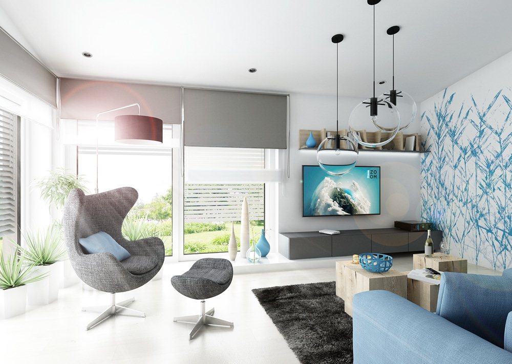 Living room with bluewhite wallpaper AŤÁK DESIGN