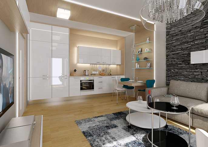 View of Design of a studio apartment with stone cladding | AŤÁK DESIGN